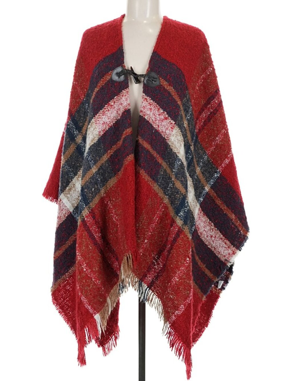 Red Woven Heart Fringe Poncho One Size